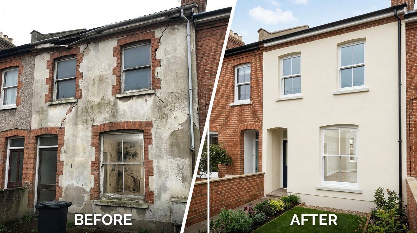 Comparison showing a Bolton property before and after survey-informed repairs: left shows damp, cracks and defects; right shows fully restored facade