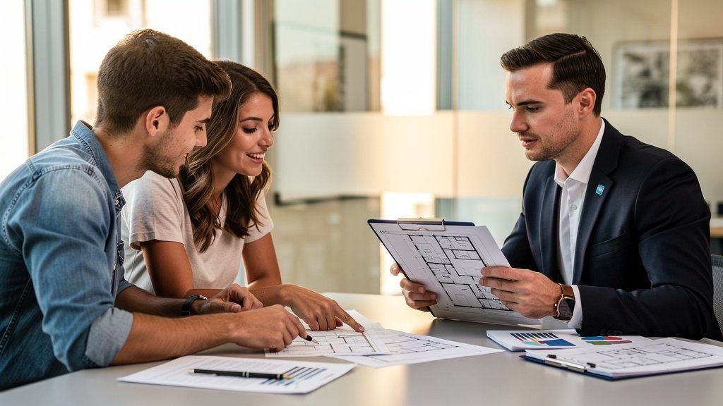 RICS surveyor consulting with buyers over a property survey report in Bolton