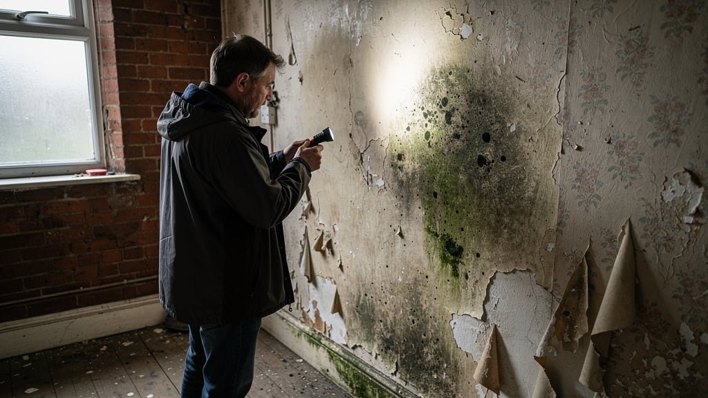 Property buyer inspecting damp stained wall with torch during a house viewing in Bolton Lancashire