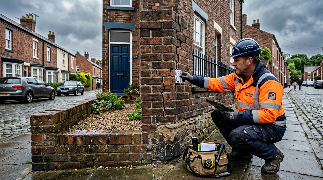 Surveyor inspecting cracks in exterior brickwork of a Bolton property
