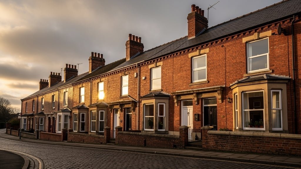 Row of Victorian terraced houses in Bolton Lancashire with red brick walls and slate roofs