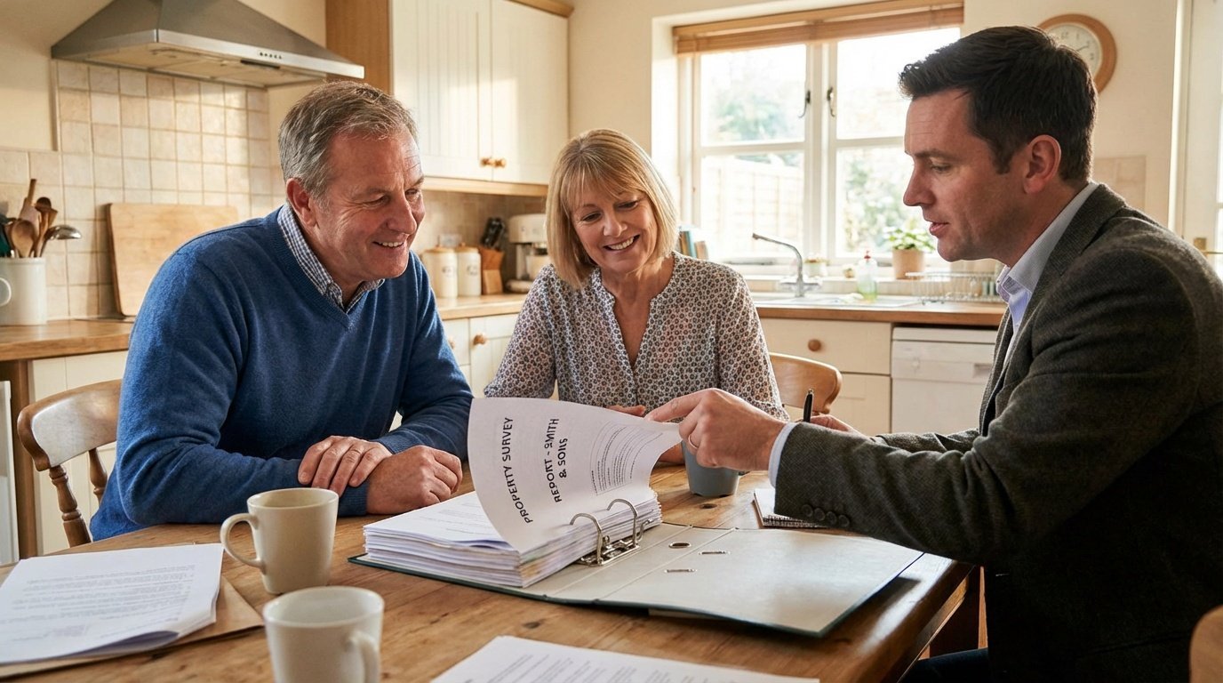 Bolton surveyor discussing a property report with clients at their kitchen table