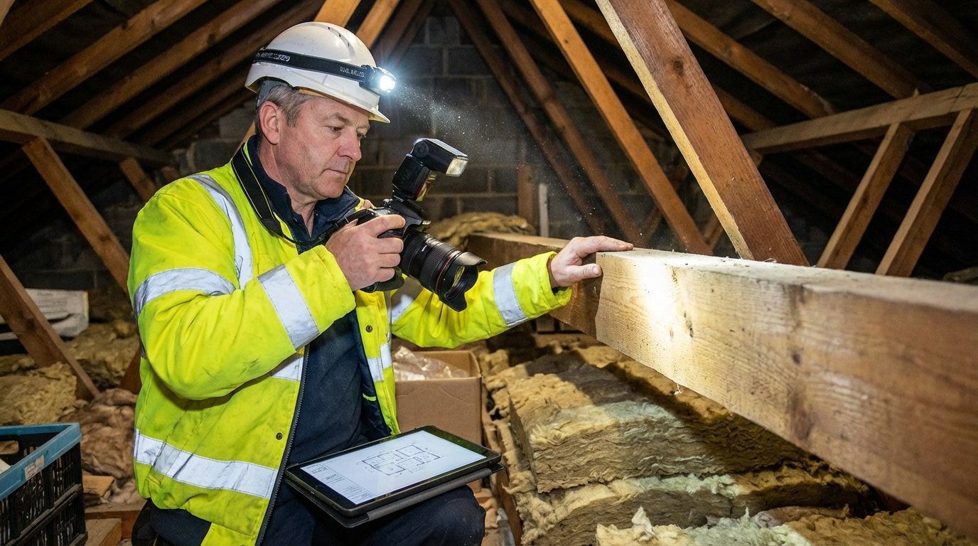 Surveyor inspecting loft space and roof timbers during a building survey in Greater Manchester