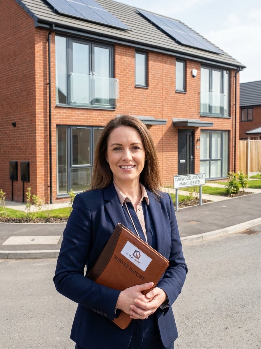 Helen Marsden, RICS Surveyor at Bolton Surveyor, holding a survey report outside a Manchester property